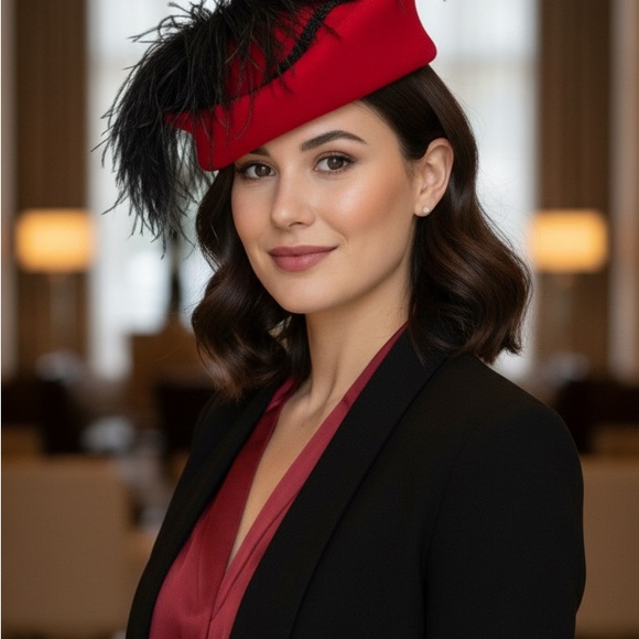 Vintage Red and Black Feathered Hat - Picture 15 of 15